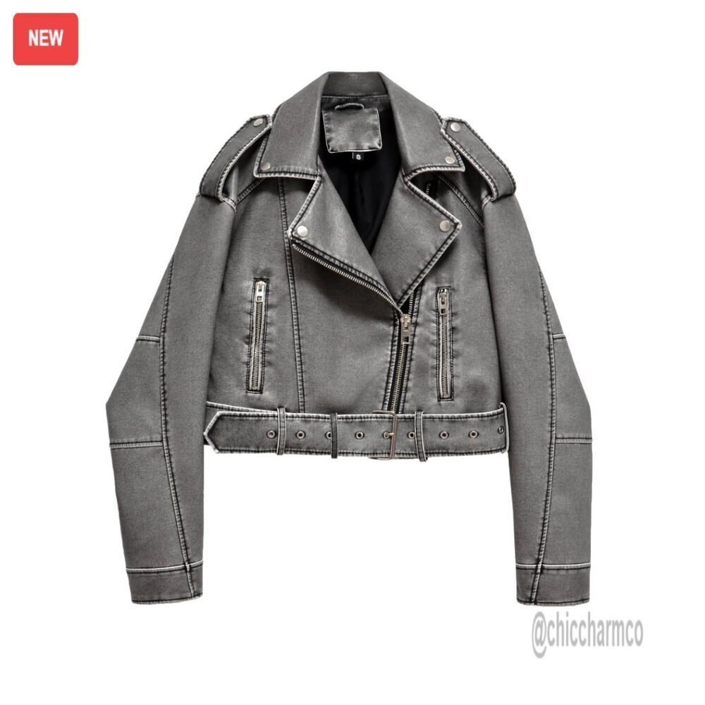Faux Leather Cropped Biker Jacket Oversized Chic Zipper Lapel Belt Street Style